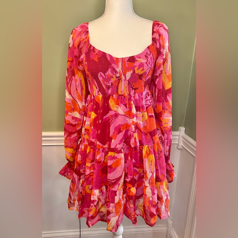 Flying Tomato Vibrant Pink Multi-Color Printed Long-Sleeve Mini Dress